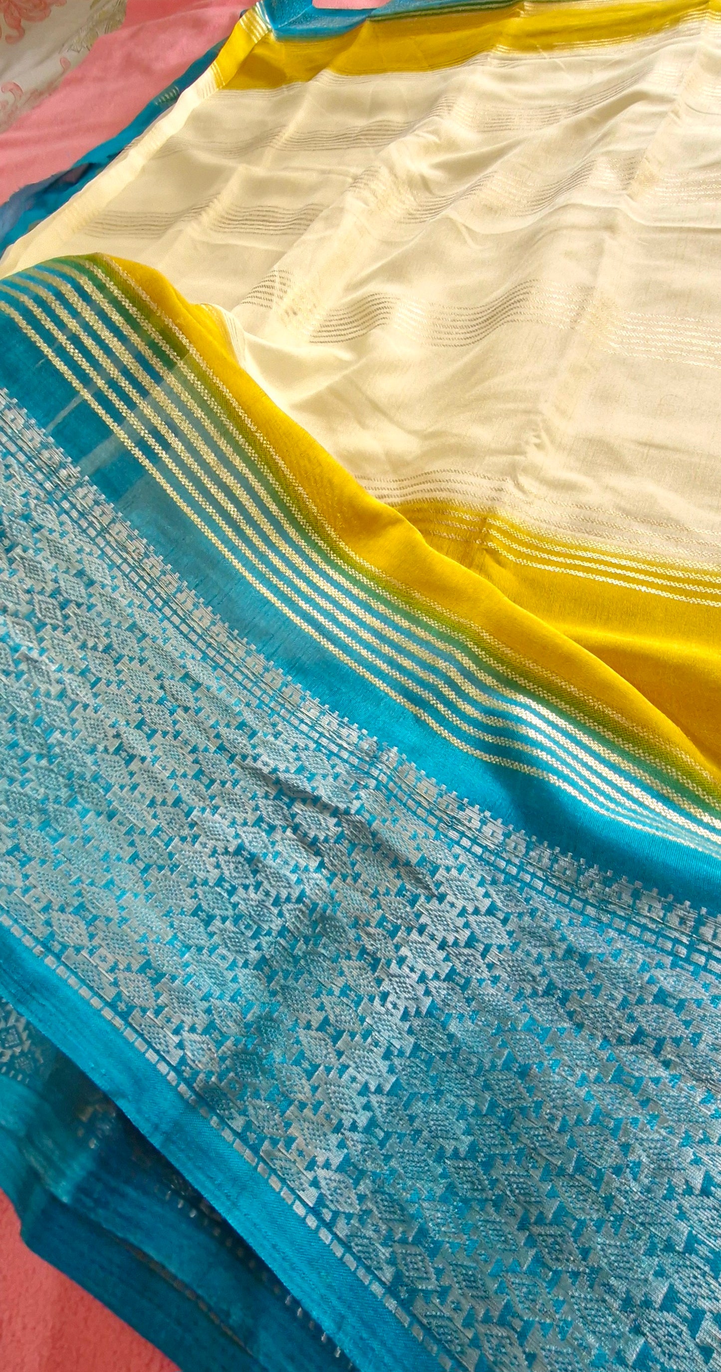 3D OFF-WHITE YELLOW BLUE CREPE SILK SAREE
