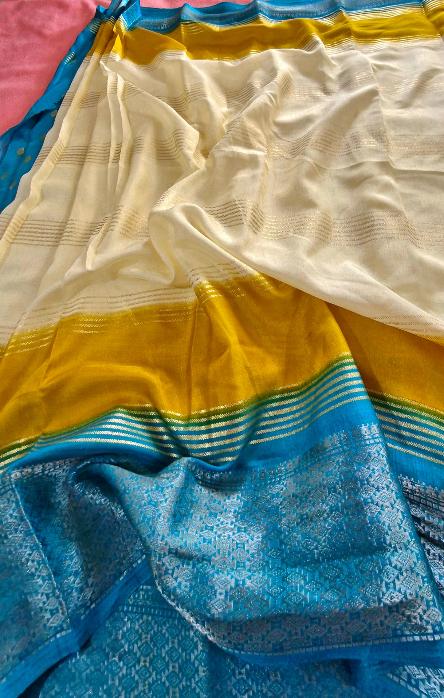 3D OFF-WHITE YELLOW BLUE CREPE SILK SAREE
