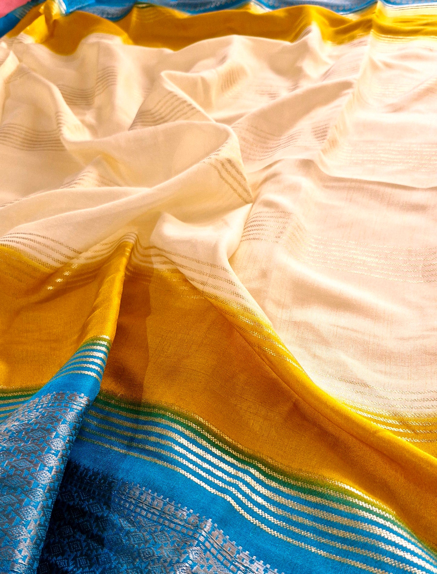 3D OFF-WHITE YELLOW BLUE CREPE SILK SAREE