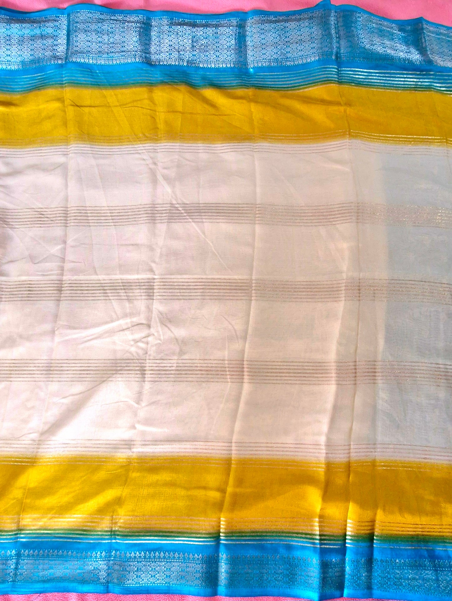 3D OFF-WHITE YELLOW BLUE CREPE SILK SAREE