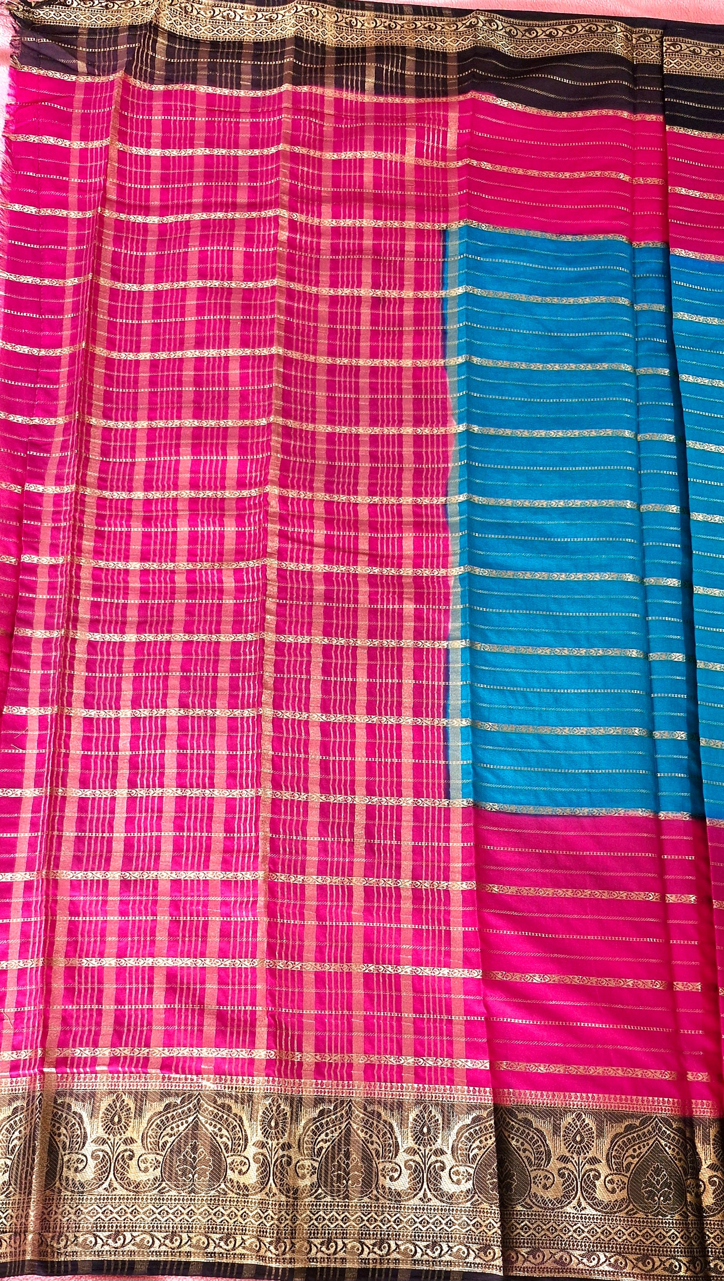 3D BLUE PINK CREPE SILK SAREE