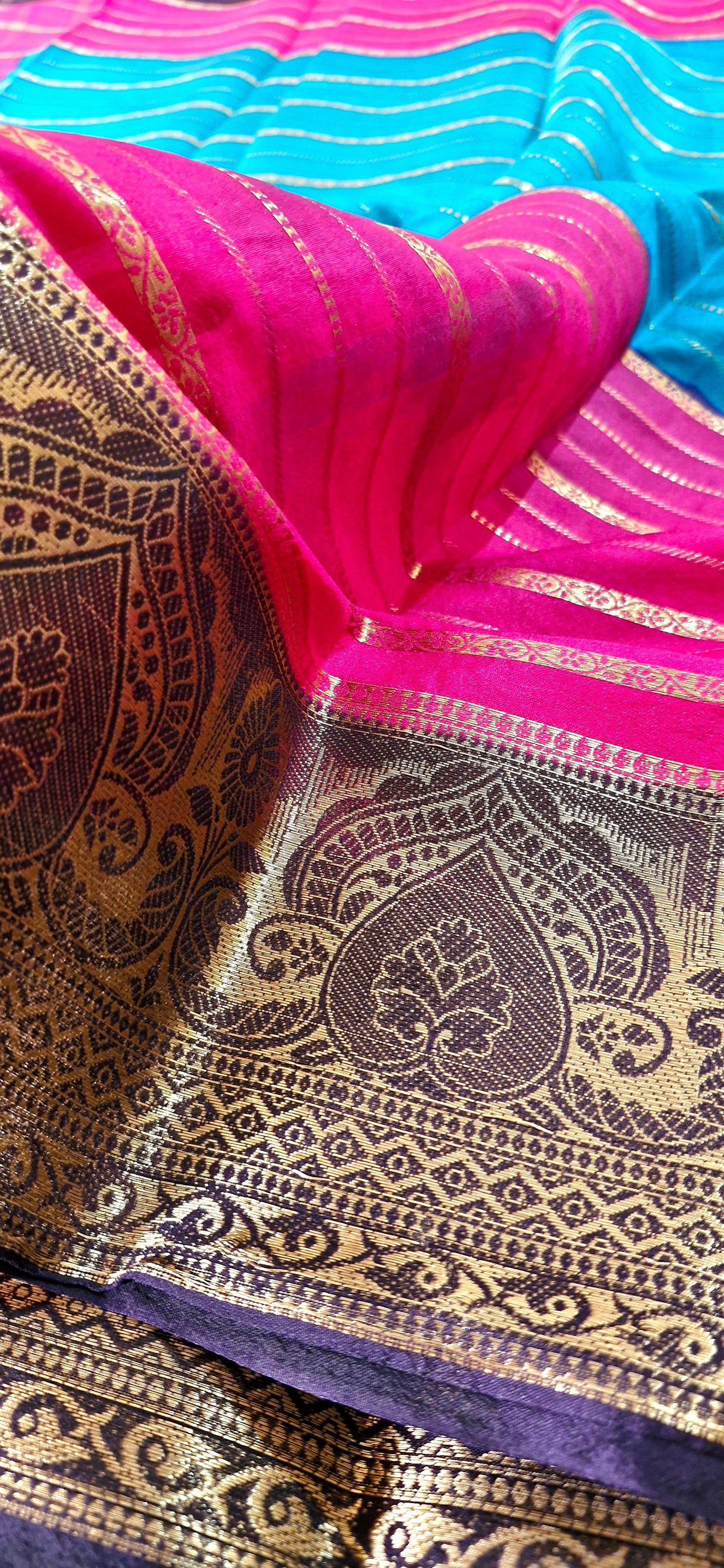 3D BLUE PINK CREPE SILK SAREE