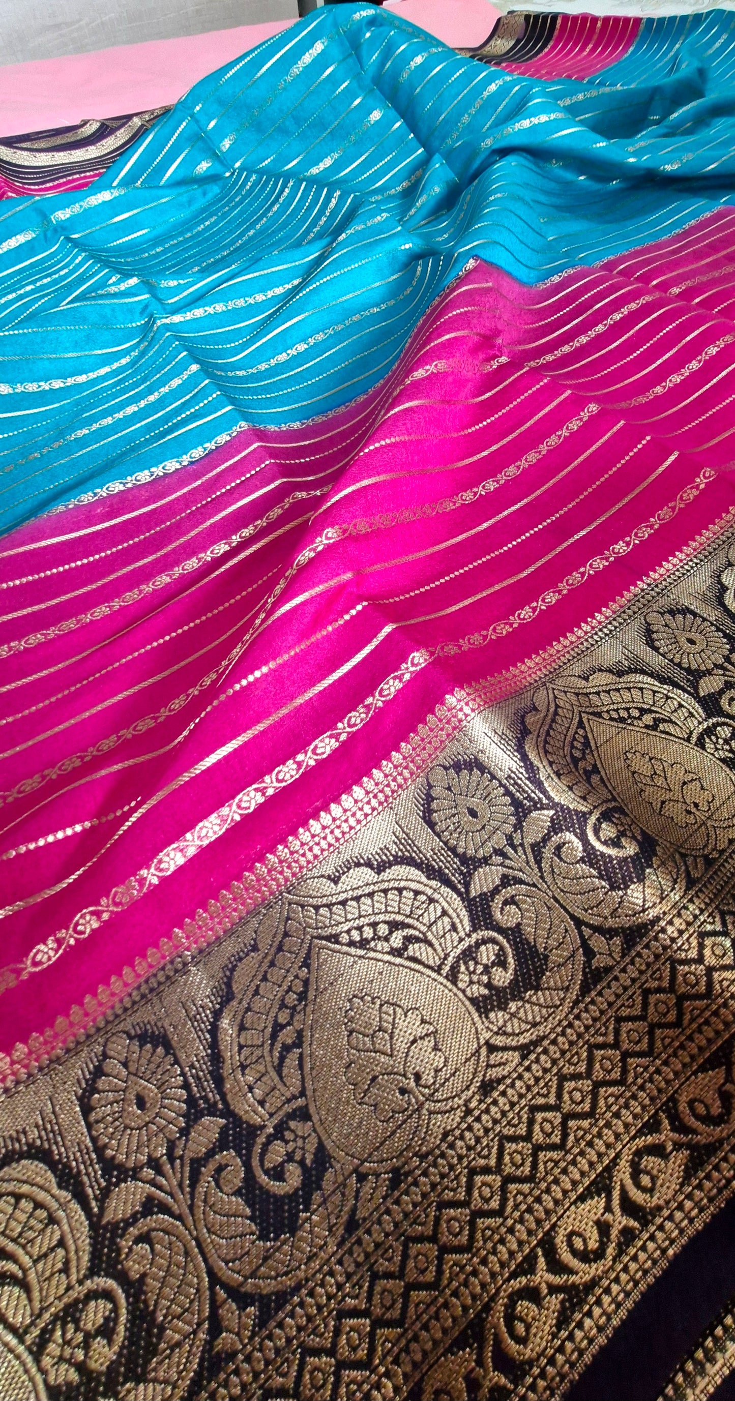 3D BLUE PINK CREPE SILK SAREE