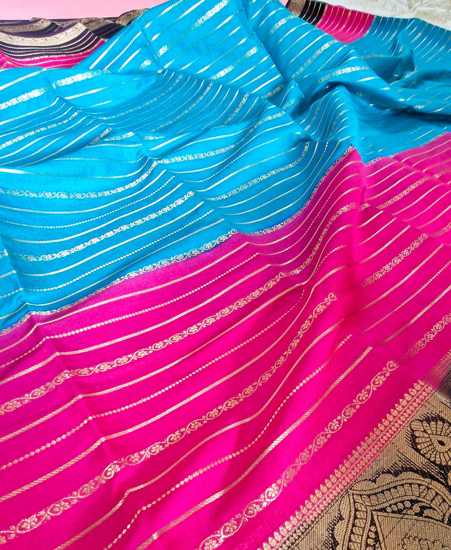3D BLUE PINK CREPE SILK SAREE