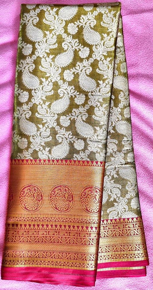 MUSTARD GREEN TISSUE SILK SAREE