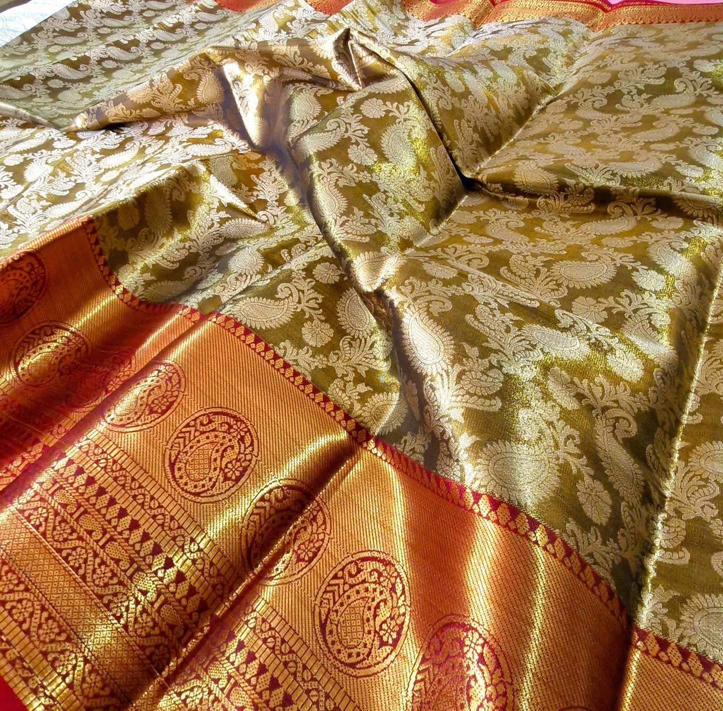 MUSTARD GREEN TISSUE SILK SAREE