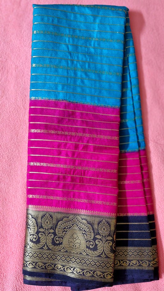 3D BLUE PINK CREPE SILK SAREE