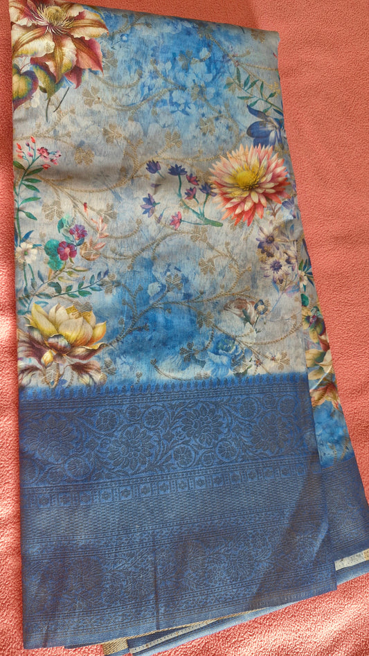 BLUE FLORAL ORGANZA SAREE