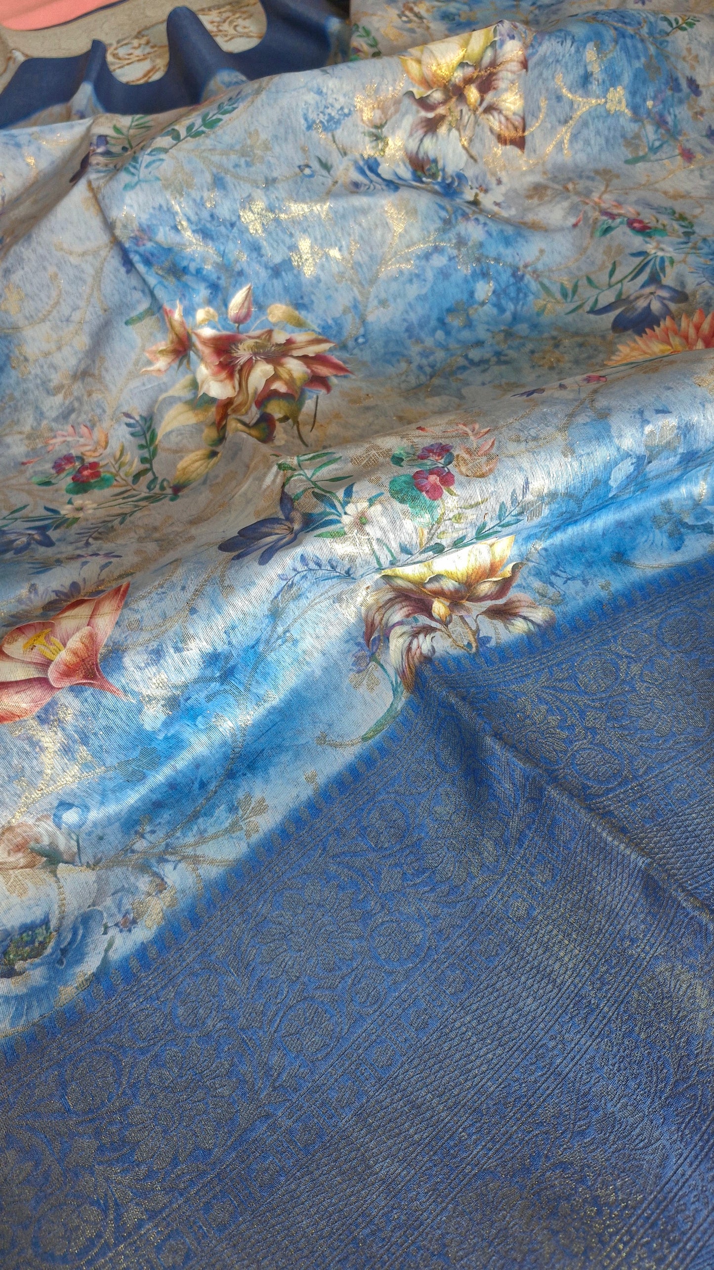 BLUE FLORAL ORGANZA SAREE