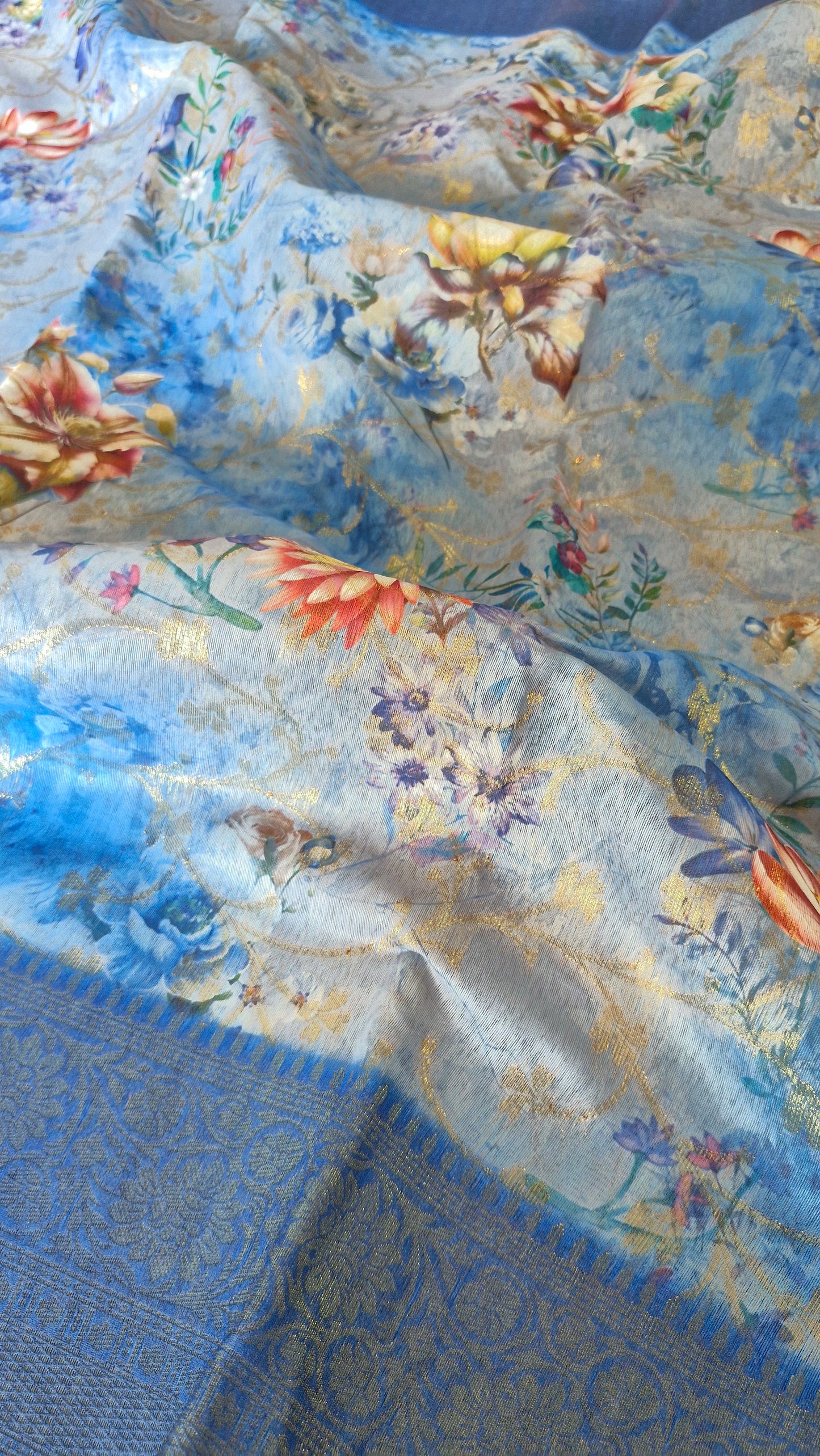 BLUE FLORAL ORGANZA SAREE