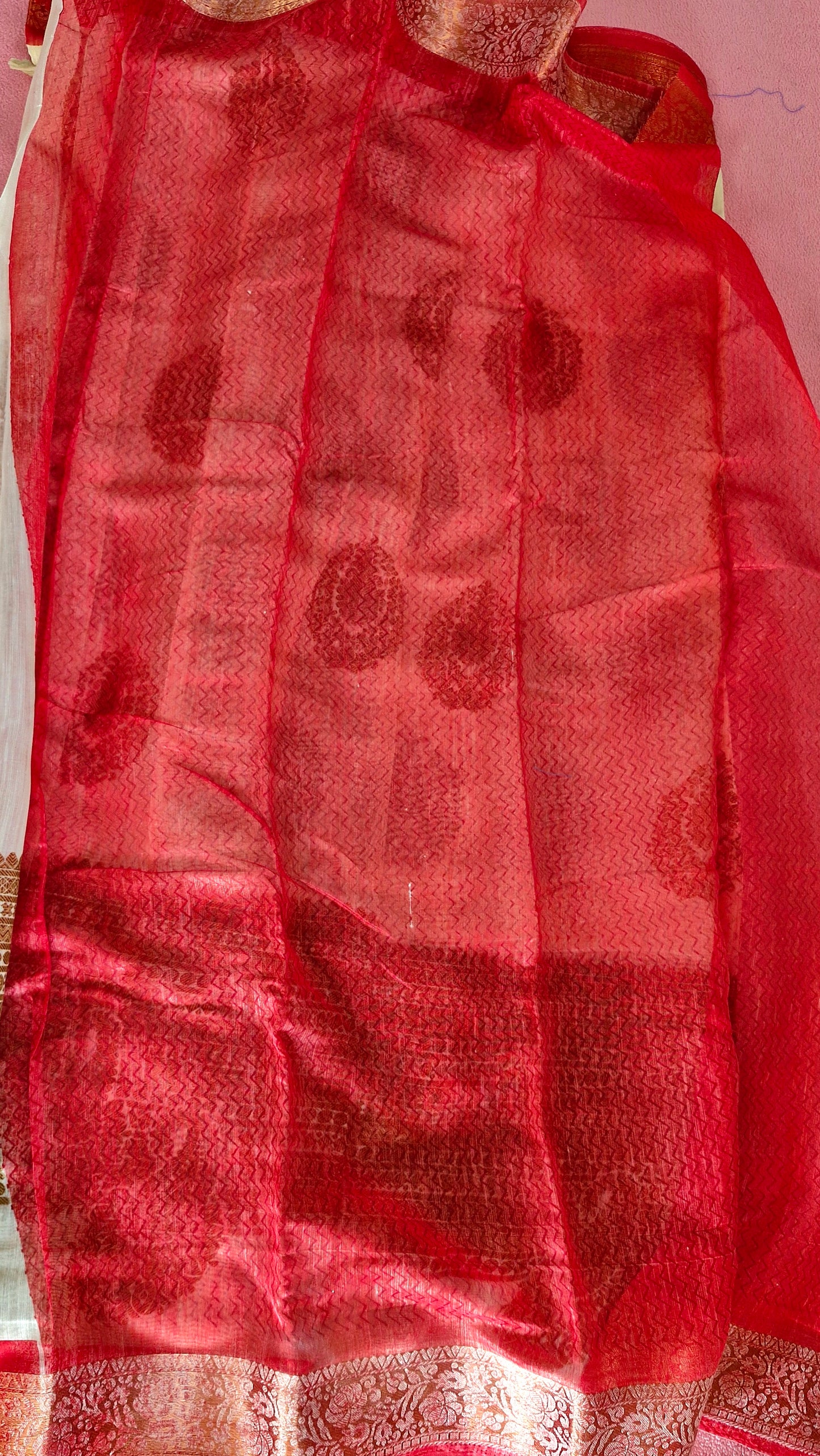 CREAM AND RED COTTON SAREE
