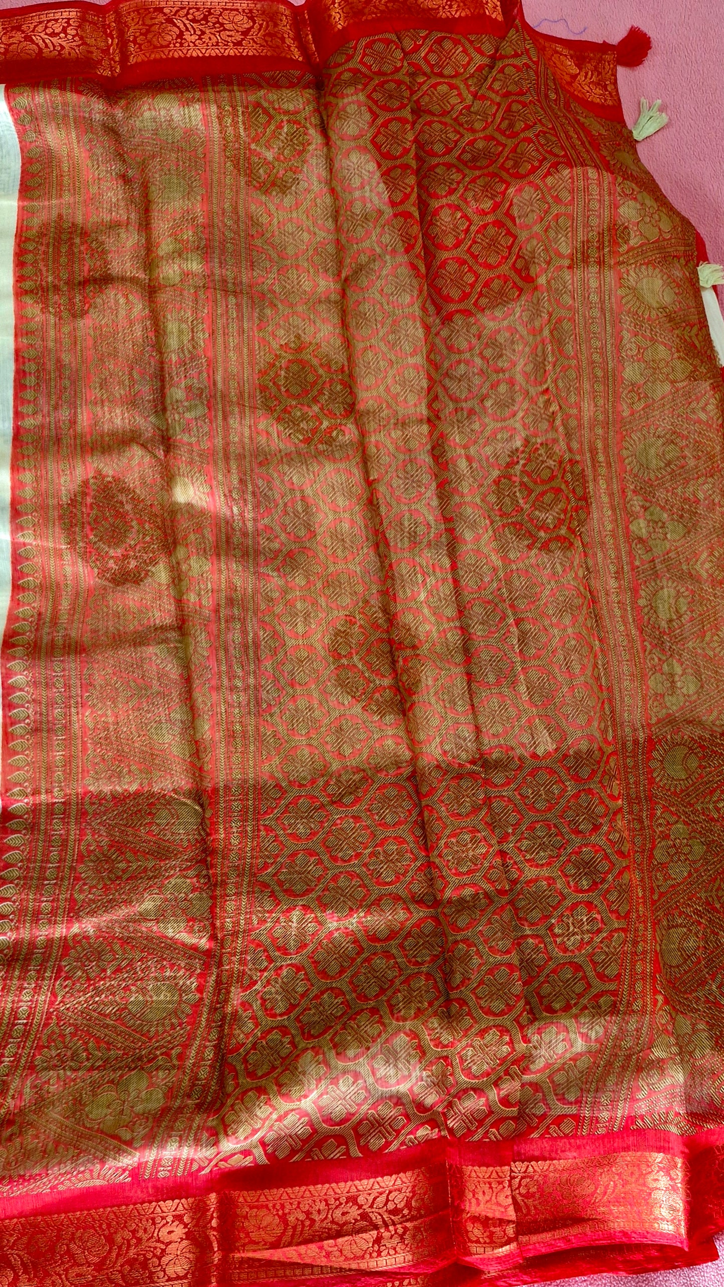 CREAM AND RED COTTON SAREE