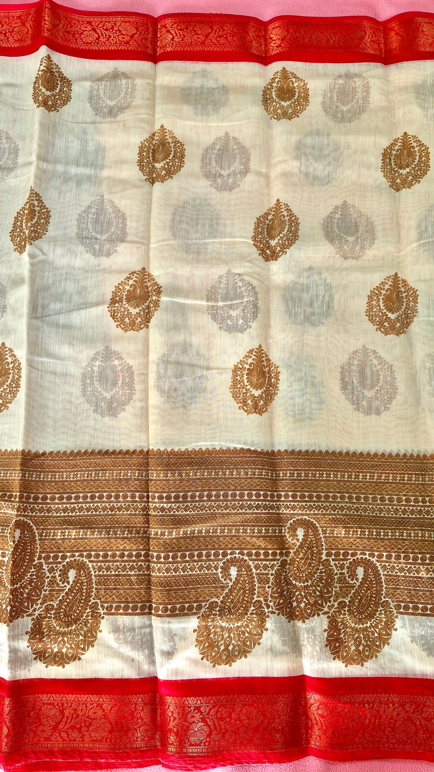 CREAM AND RED COTTON SAREE