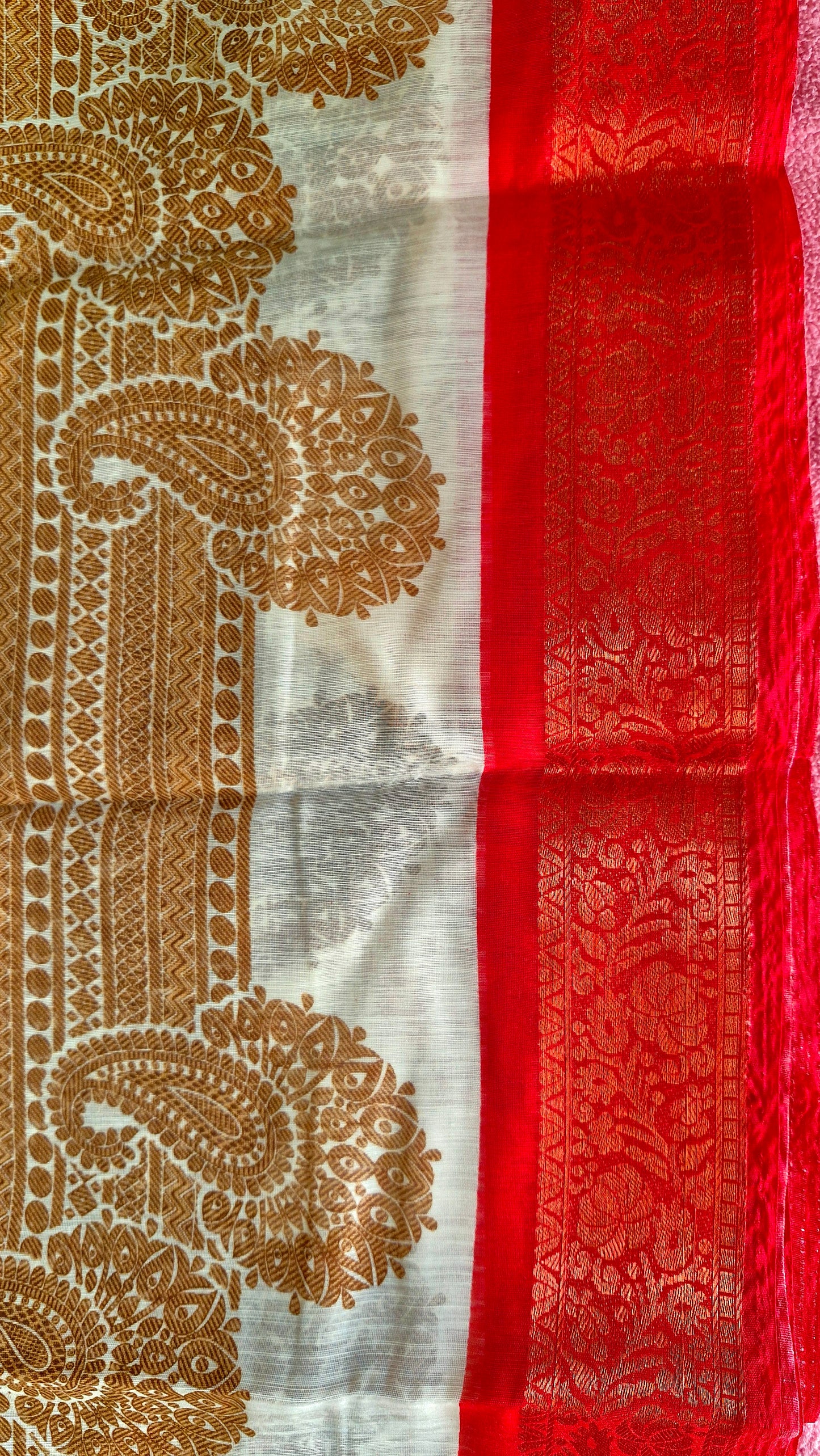 CREAM AND RED COTTON SAREE