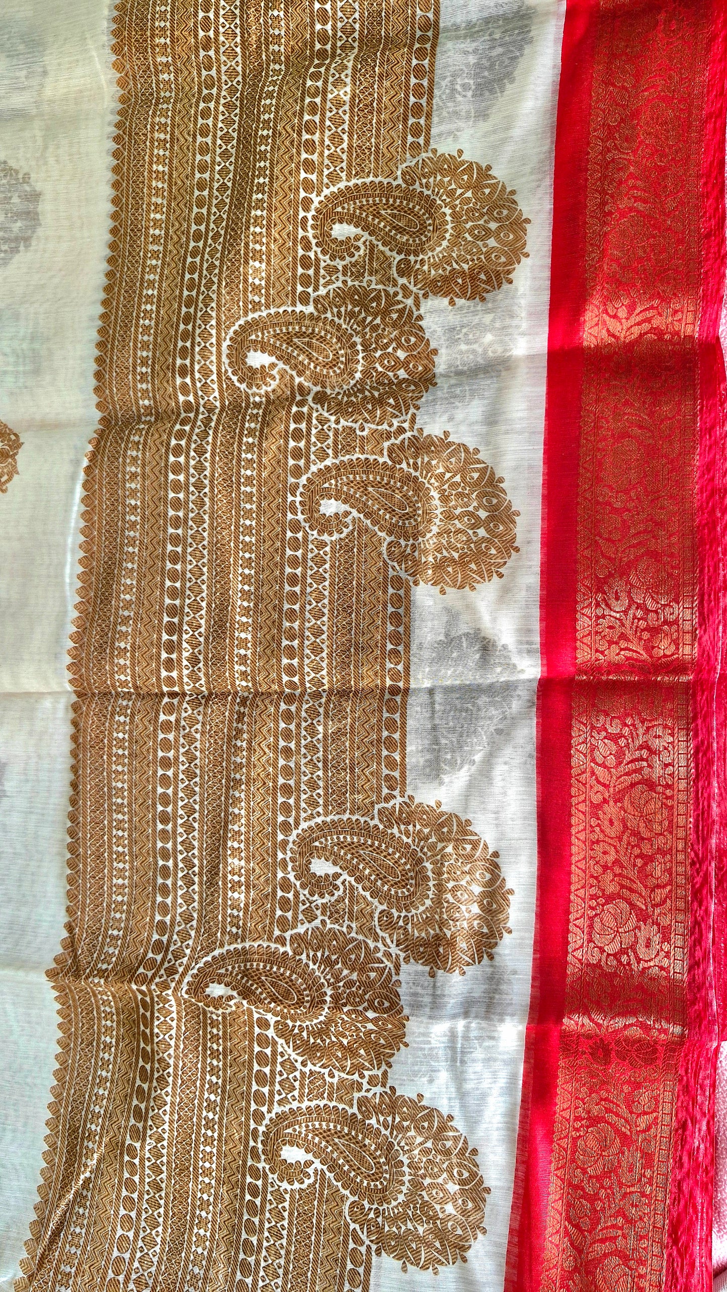 CREAM AND RED COTTON SAREE