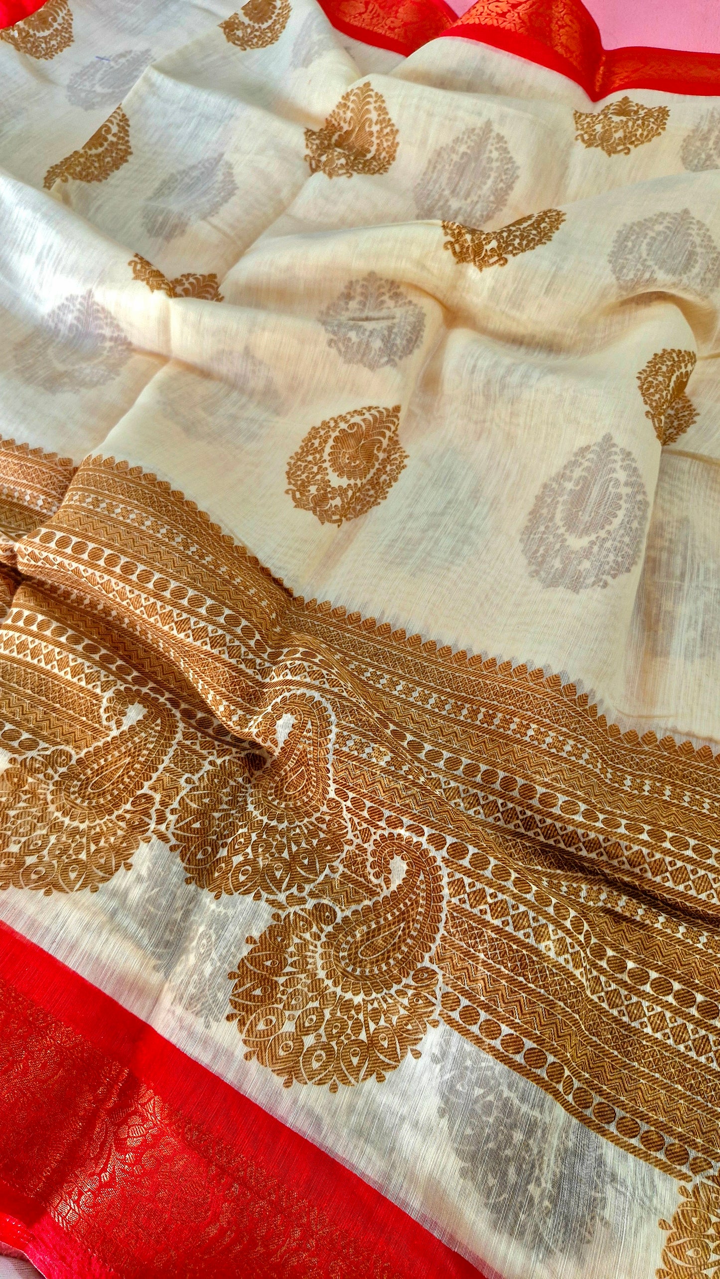 CREAM AND RED COTTON SAREE