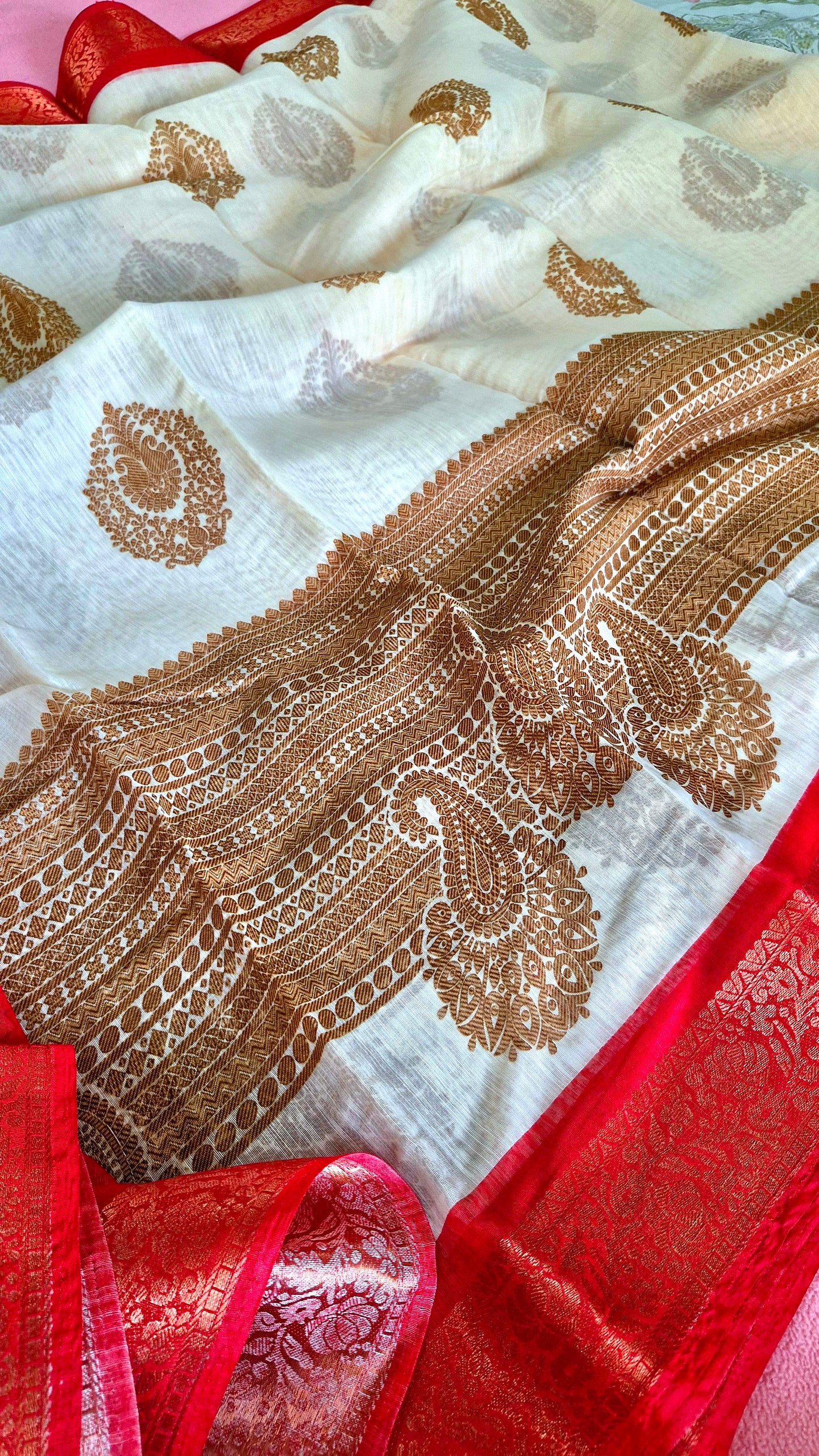 CREAM AND RED COTTON SAREE