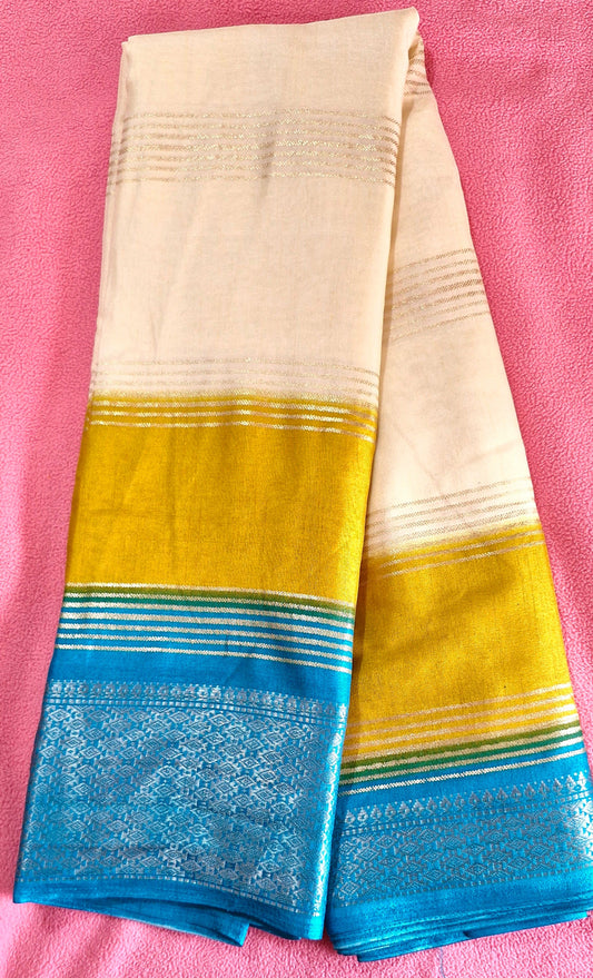 3D OFF-WHITE YELLOW BLUE CREPE SILK SAREE