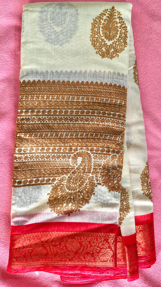CREAM AND RED COTTON SAREE