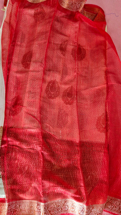 CREAM AND RED COTTON SAREE