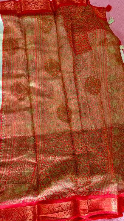 CREAM AND RED COTTON SAREE