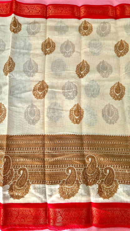 CREAM AND RED COTTON SAREE