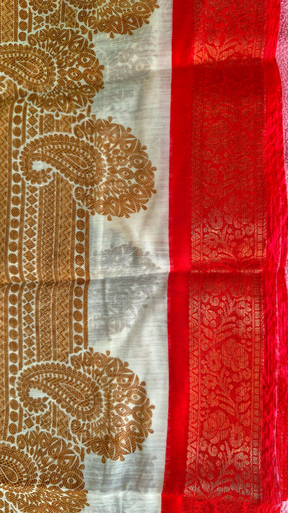 CREAM AND RED COTTON SAREE