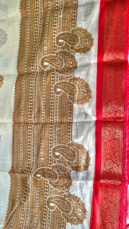 CREAM AND RED COTTON SAREE