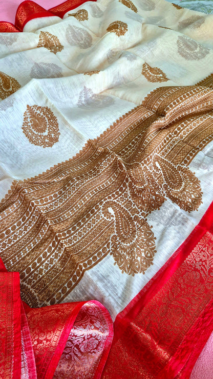 CREAM AND RED COTTON SAREE